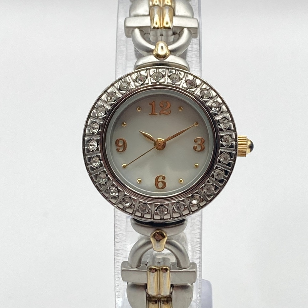 Valetta Women's Watch 25mm Matte Silver Gold Two Tone Crystals New Battery 6.5"